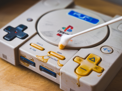 ps1-retropflege: lederschäden, vergilbung entfernen und originalaufkleber retten